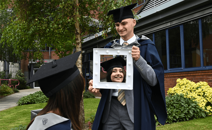 Young couple, Caitlyn Dunlop from Bangor and Emilio Torrez Bangor, met on their course and graduated together from the Liverpool John Moores BA (Hons) Business Studies.